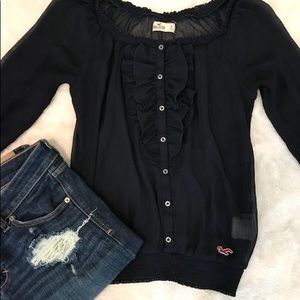 Navy, ruffled Hollister blouse